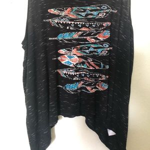 Woman’s draping tank top. Size XXL. Black w/ Indian type design on front.